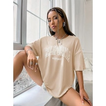 California West Coast Süprem T-shirt - Bej Baskılı Oversize Bisiklet Yaka Tişört Bej