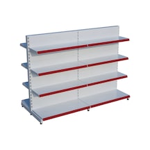 Beyaz Metal Çift Yönlü Orta Reyon 4 Katlı 2'li Birleşik Market Raf Sistemi Market Rafı G180cm Yükseklik H140 Cm Kırmızı