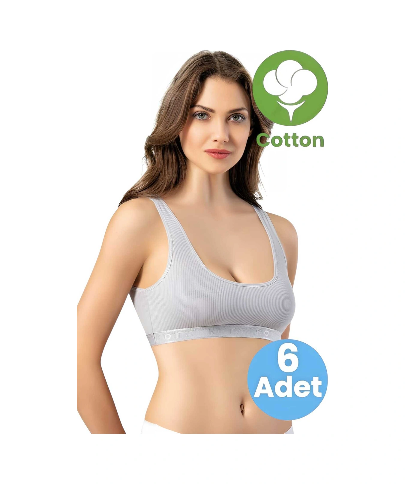 Tezzgelsin Kadın 6'lı Geniş Askılı Penye Kaşkorse Kumaş Pedli Crop Büstiyer Sütyen Gri