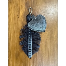 El İşçiliği Kalp Yaprak Detaylı Denim Çanta Charm Gri - Siyah