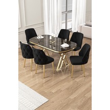 Canisa Afe Serisi 90x168 Lak Panel Antrasit Ironi Gold Ayak Masa Takımı 6 Siyah Sandalye Antrasit İroni Masa Siyah Sandalye Ayaklar Gold