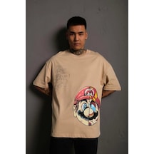 Erkek Mario Baskılı Oversize T-shirt - Bej Bej
