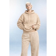 İçi Polarlı Kapşonlu Kadın Sweatshirt Hoodie Krem