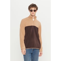 AC&Co / Altınyıldız Classics Erkek Sutlu Kahve-kahve Anti-pilling Tüylenme Yapmayan Standart Fit Bato Yaka İçi Polarlı Çift Renk Polar Sweatshirt Sütlü Kahverengi