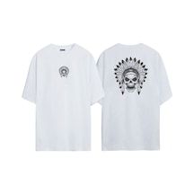 Thewert Unisex Şef İllüstrasyon Kafatası Ön Arka Baskılı Beyaz Oversize T-shirt