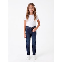 Onloox Kız Çocuk Koyu Mavi Kız Çocuk Koyu Mavi Pamuklu Denim Dar Kalıp Cepli Fermuarlı Jean Pantolon 9-14 Yaş