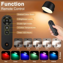 Willowhaven Black Manyetik Duvar Lambası, Dokunmatik Gece Lambası, 360 Derece Dönebilir, Rgb Renk Değiştirir, Uzaktan Kumandalı, Zamanlayıcı, Dimmable, Usb Şarjlı Yatak Başı Lambası Ahşap