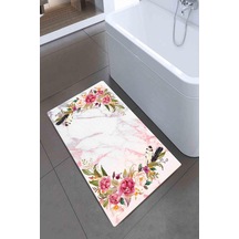 Dekoratif Kaymaz Taban Mermer Ve Çiçek Desenli Pembe Beyaz Yıkanabilir Banyo Paspası Eexfab1222-20890