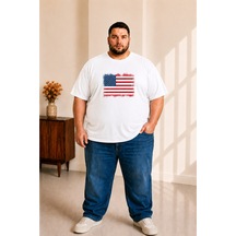 Sngl Tekstil Erkek Büyük Beden Kısa Kollu Amerika Bayrak Baskılı Tişört 3xl 4xl 5xl 6xl 7xl 8xl 9xl Beyaz