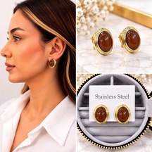 Premium Parlak Ve Şık Gold Renk Kahve Oval Taşlı Kadın Çelik Küpe Altın