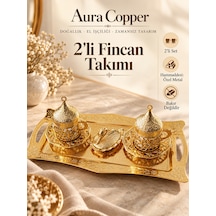 Osmanlı Motifli Türk Kahvesi Fincan Takımı Kapaklı Tepsili Özel Metal Sunum Seti Ac-ft-003/2'li Altın Renk