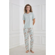 Kompedan Kadın Çiçek Desenli Bisiklet Yaka Pijama Takım Mint 30102-1286 Mint