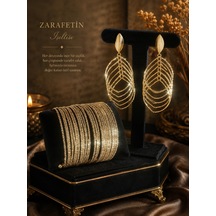 Kadın Gold Abiye Takı Seti - Işıltılı Küpe & Çoklu Bilezik Kombini Altın