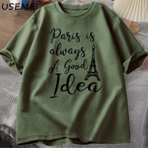 Flood Of Style Erkekler T En Kaliteli Baskı Paris T-shirt Rahat Tatil Moda O Boyun Kazak Pamuk Kısa K Yeşil
