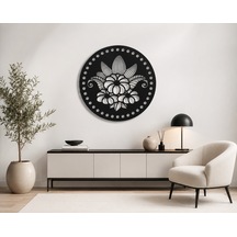 Yuvarlak Çiçek Desenli Duvar Dekoru 6 Mm Siyah Mdf Lazer Kesim Modern Duvar Süsü 50x50 Cm