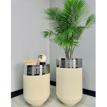 Elegant Dekoratif Krom Darbuka Krem Saksı 70cm + Sehpa 60cm İkili Set Elgntbyzsetkrm
