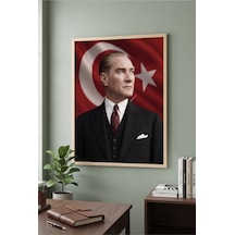 Doğal Ahşap Çerçeveli Atatürk Türk Bayrağı Temalı Duvar Tablosu Tekli Set Klasik Portre Desenli Modern Dekorasyon Kabartma Görünümlüdür Bej