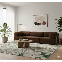 Herev 300x100 Sünger Köşe Koltuk Takımı / Yatak Olur Kanepe / Yıkanabilir Fitilli Kadife Kumaşlı Şark Köşe Kahve