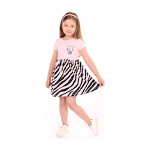 Toontoy Kız Çocuk Baskılı Relax Fit Bisiklet Yaka Kısa Kollu Elbise - Renk Bloklu Pembe