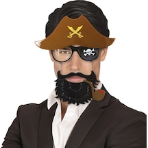Kahve Renk Şapkalı Siyah Sakallı Pipolu Jack Sparrow Denizci Korsan Gözlüğü 24x25 Cm 0-99
