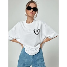 Flood Of Style Kadın Beyaz Kalp Bisiklet Yaka Tshirt