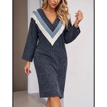 DefyModa Deri Detaylı V Yaka Fitilli Coton Örme Kumaş Elbise Lacivert