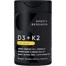 Sports Research D3 + K2, 125 Mcg/100 Mcg, 60 Vegsoftgels Orijinal Usa Menşeii Dmmedicineden