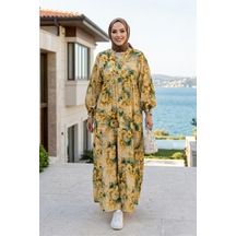 Hb Harma Time Butik Kadın Düğmeli Çiçek Desenli Sarı Modal Elbise Hardal Hardal