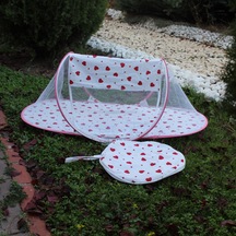 Çantalı Katlanabilir Bebek Cibinlik Gölgelik Çadırı 60x120 Cm Kalp Desenli, Sinek Ve Haşere Koruma