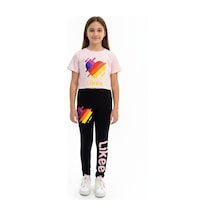 Toontoy Kids Toontoy Kız Çocuk Bisiklet Yaka Kısa Kollu Baskılı Crop Tişört - Beli Lastikli Basklı Tayt 11050 Pudra