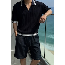 Tarz Cool Oversize Fit Çizgili Triko Polo Yaka Erkek Tişört Ribana Dokulu Premium Yazlık Model Siyah