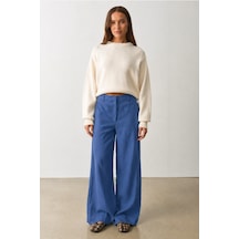 Madmext İndigo Yüksek Bel Keten Wide Leg Pantolon Mg2718