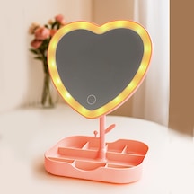 Storebaskı Led Işıklı Pembe Kalpli Organizer Makyaj Aynası