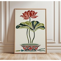 Kırmızı Lotus Çiçeği Duvar Sanatı Botanik Suluboya Resim Çiçekli Bitki Baskısı