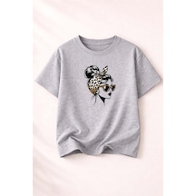 Herkesemoda Kadın Figürlü Baskı Detaylı Kadın Bisiklet Yaka Pamuklu T-shirt Gri