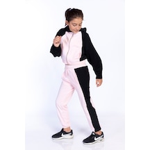 Toontoy Kids Toontoy Kız Çocuk 2'li Takım Kapüşonlu Fermuarlı Sweatshirt & Beli Paçası Lastikli Cepli Jogger Eşofman Altı - Renk Bloklu & 2 İplik Pudra