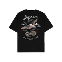 Adrift Japan Crane Siyah Oversize Unisex T-shirt Siyah