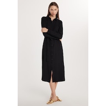 Tudors Kadın Regular Fit Uzun Kollu Bağlamalı Klasik Yaka Cepli Uzun Siyah Elbise-33555 Siyah