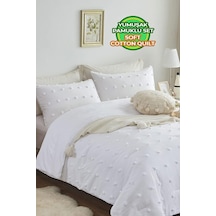 Evlen Home Pamuklu Emmy Yatak Örtüsü Seti Günlük Çift Kişilik Boho 3 Parça Dolgulu Tufting Beyaz Beyaz