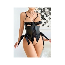 Lily Bianca Nightwear Yan Tarafları Fiyonklu Dantel Ve Deri Kombinasyonu İle Dikkat Çekici Özel Bölgeleri Açık Fantezi Kostüm Siyah