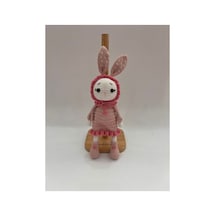 Amigurumi Örgü Tavşan Bebek Toz Pembe Elbiseli Şapkalı Sevimli Tavşan Oyuncak 26cm Toz Pembe