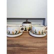 D.papatya Desenli El Yapımı Seramik Fincan, Kupa Seti Ve Şekerlik