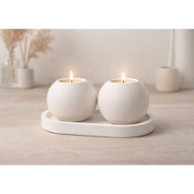 Altlıklı Minimal 2 Li Dekoratif Mumluk Seti İskandinav Tarz, Oval Tabaklı Beyaz