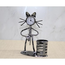 Metal Saksafon Çalan Kedi Müzisyen Saat Ve Kalemlik Alk4343 Çok Renkli