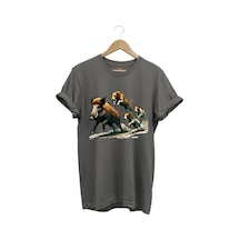 Avcılık Hunter Domuz Avı Ve Av Köpekleri Baskılı Regular Fit %100 Pamuk Gri T-shirt Antrasit