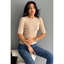 Femelle Taba Standart Beden Yuvarlak Yaka Kısa Kol Peluş Triko kahverengi
