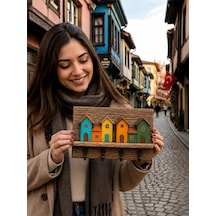 Dekoratif Ahşap Ev Figürlü Anahtarlık Askılığı 20x30 Cm 4 Kancalı Duvar Anahtarlığı Organizer Çok Renkli