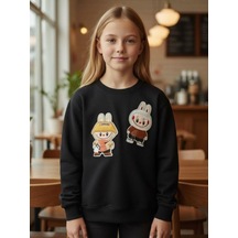 Kız Çocuk Pamuklu Karakter İşlemeli Sweatshirt-16392 Siyah