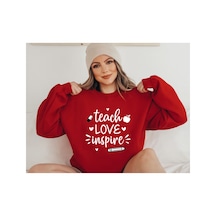 Magors Teach,love,ınspıre Baskılı, 3 İplikli, Şardonlu,kışlık,bisiklet Yaka Sweatshırt Kırmızı
