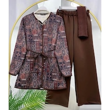 Lovie Moda Kadın Etnik Desenli Pantolonlu Takım Kahverengi
